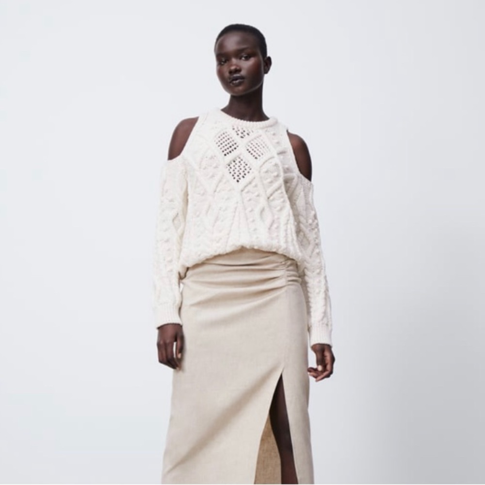 Zara Cable Knit Off The Shoulder Sweater Beige